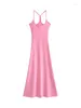 Casual Dresses Womengaga 2023 Sexig och bra figur Pink Low Neck Rem Lång klänning Kvinnor Summer Öppen bakåt mittlängd Wrap Hip JMQ5