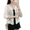 Dames Knits Tees Dames Gebreid Kant Bolero Holle Gehaakte Bloemen 3/4 Mouw Open Voorzijde Crop Vest F3MD 231006