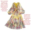 Grundläggande avslappnade klänningar Bandage Chiffon Women Long Floral Sleeve Pleated Boho Beach Dress Sexig Wrap Maxi för sommaren 2023 231005