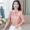 Classic Lapel Ribbon Bow Casual Shirt Long Sleeve Office Ladies Vintage Silk Satin Red Blouses 2023 Autumn Winter Fashion Graphic Button Up Shirts Cute Runway Top