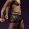 Boxer en Faux cuir pour hommes, vêtements exotiques, short, sous-vêtements transparents, Lingerie, pantalon noir, Super Sexy, look mouillé, Boxer345C