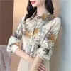 Fijne elegante overhemden met knopen voor zijde satijn Dames Designer Lange mouwen bedrukte blouses Grote maten 2023 Herfst Winter Kantoor Dames Revers Casual Runway Top en blouse