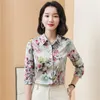 2023 Modekontrast Färggrafisk skjorta Kvinnor Luxur Designer Lanthylsans Silk Satin -knapp Up Skjorta Autumn Winter Chic Office Lamer Lapel Shirt Runway Tops