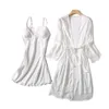 Vrouwen Nachtkleding Zijdeachtige Vrouwen Zijden Gewaad Gown Set Zomer Sexy Kanten Jurk Elegante Vrouw Pyjama Casual Badjas Sets330k