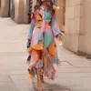 Tvådelt klänning Waytobele -kvinnor sätter elegant tryckt lykta ärm lapel enkelbröstknapp snör upp topp lös skikt kjoluppsättningar 231005