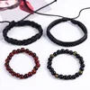 Charme Pulseiras 4 pçs/set Hippie Punk Black Leather Band Buddha Palavras Red Onyx Beads Cord Knots Envoltório Ampla Pulseiras Empilháveis para Homem