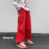 Männer Hosen Cargo Lose Feste Große Taschen Volle Länge Männliche Hip Hop Straße Kordelzug Leggings Rote Hosen Jogger 5xl