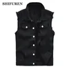 Men's Vests SHIFUREN Men Cotton Ripped Jeans Sleeveless Jacket Black Denim Vest Singlebreasted Male Hip Hop Washed Cowboy Waistcoat 231005