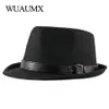 Wuaumx осень-зима ретро джазовые шляпы среднего возраста мужские фетровые шляпы-федоры для мужчин однотонная панама трилби черный котелок с широкими полями235D