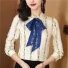 Beige Satin Chain Print Shirt for Women Lapel Ribbon Bow Autumn Winter Designer BLOUSES 2023 Office Ladies Chic Long 446