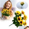 Dekorative Blumenkränze Herbststoffgirlande Blumenstiele Künstlicher Sonnenblumenstrauß mit Blättern aus Seide für Home-Office-Partys und Dh2Ob