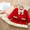 Ensembles de vêtements Ensembles pour enfants Filles Pull Automne Nouveau Noeud Papillon Tricot Style Princesse Deux Pièces Ensemble Rayé Col Rond Bouton Décorer 230927