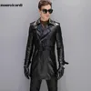 Men s Leather Faux Mauroicardi Autumn Black Trench Coat Men Long Sleeve Belt Double Breasted Brown Plus Size Clothing 4xl 5xl 231005