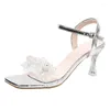 Sandales Femmes Transparent Argent Mode CRISTAL Talons Hauts Noir Or Été Mince Strass Fleurs Chaussures