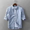 Camicie casual da uomo 2023 Camicia di lino in cotone Mezza manica Camicetta Top Bottone gessato Plue Taglia 4XL Comodo uomo bello S