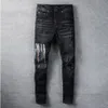 Grafik kot pantolonlar moda moda cadde erkekler siyah çok renkli mektup baskı elastik motosiklet pantolon kalça hop2696