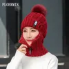 Women Wool Knitted Hat Ski Hat Sets For Female Windproof Winter Outdoor Knit Warm Thick Siamese Scarf Collar Warm Hat Girl Gift287T