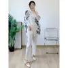 Kadın Ceketleri Duosha Piled Çiçek Baskı Seti Kadınlar Tek Kesikli Uzun Kollu O yaka Top geniş bacak pantolonları 2023 Yaz Kadın Giysileri