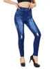 Leggings Femmes Visnxgi Plus Taille Haute Attendre Faux Denim Crayon Pantalon Femmes Bleu Imitation Imprimé Trou Profond Stretch Jeggings