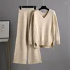 Women's Two Piece Pants Thick Fabric Knitted Set Full Sleeves Sweater And Trouser Khaki Color Loose Tops Leg 2 Sets