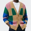 Männer Pullover Mode Patchwork Block Farbe Stricken Jacke Mäntel Männer Herbst Casual Lose Geknöpft V-ausschnitt Sweatercoat Kleidung Winter