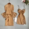 Mulheres sleepwear mulheres amarelo cetim camisola quimono roupão vestido conjunto verão sexy renda loungewear v-pescoço robe terno