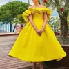Yellow Prom Dresses strapless backless Off the Shoulder Ruffles Sleeve Tea Length Satin Short Evening Gowns Women Formal Party Night Robe De Soiree
