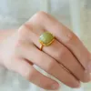 Cluster Rings Silver Inlaid Natural Hetian Sapphire Green Leaf Bamboo Cool Craft Light Luxury Women Charm Opening Adjustable Ring