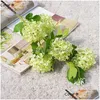 Flores decorativas grinaldas luxo 5 cabeças bola de neve hortênsia ramo exuberante decoração de quarto branco seda artificial com folha verde para casa dezembro dhpng