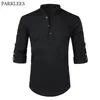 Camisa de linho de algodão preto masculina outono manga enrolada camisas casuais dos homens fino ajuste camisa henley masculino chemise homme 210628168m