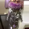 Vestes d'hiver longues en fourrure pour femmes, veste intérieure en cuir violet, col de raton laveur, manteau argenté/or, Parka à capuche