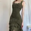 Casual Dresses Women Slim Green Vintage Ruffles Irregular Lace Sundress Girls Y2k Aesthetic Holiday Party Mini Dress Sexy Fairycore