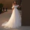 Prinsessan vit från axeln bröllopsklänning långa rufsar ärmar trädgårdsapplikationer brudklänningar mantel de mariage bollklänningar plus storlek