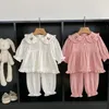 Clothing Sets 2023 Autumn Spring Baby Girls 2PCS Pajamas Set Cotton Cherry Loose Tops Solid Soft Breathable Pants Suit Toddler Sleepsuit 231007