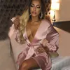 Glamm Lady Bodycon Party Sexy Jurken Vrouwen Diepe V-hals Satijn Mini Jurk Roze Vrouw Zomerjurk Vrouwelijke Bandage vestidos 210603257h