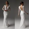 Abiti da sposa a sirena americana con scollo a V Abito da sposa a maniche lunghe con perline di cristallo Abiti da sposa sexy senza schienale fino al pavimento