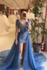 Blue Arabic Navy Sequins Prom Dresses Long Sleeves Evening Formal Party Second Reception Gowns Plus Size Detachable Train