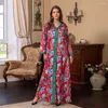 Etniska kläder Abayas för muslimska kvinnor vintage tryck långa klänningar hijab v-halsrock ramadan arab dubai turkiska jalabiya caftan vestidos