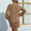 Womens Sweaters Solid V-neck Button Mid Length Woolen Dress 2023 Autumn/winter Lantern Sleeve Knit Sueter Mujer Pullover Tops