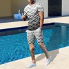 Erkeklerin izleri set şort ve tişört desen renk blok yuvarlak boyun giysileri 3D baskı kısa kollu 2 parçalı moda