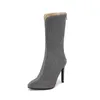 Stövlar Kvinnors mitten av kalv Sexig 2023 Luxury Silver Black Heels Short Boot Kvinnlig stor storlek 48 50 Autumn Winter Party Shoes Ladies