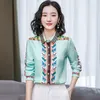 Blue Silk Satin Graphic Shirts Women Runway Designer Formella blusar 2023 Office Ladies Fashion Lapel Button Up Shirts Autumn Winter Long Sleeve Fine Elegant Tops