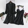 Mulheres Sleepwear Twinset Kimono Robe Vestido Terno Mulheres 2 PCS Bathrobe Strap Nightgown Set Verão Cetim com Lace Hollow Out Loungewear