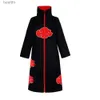 Temedräkt Akatsuki Cloak Kids Itachi Long Black Unisex Robe Capes Halloween Cosplay för anime Kom med pannbandsringhalsband231007