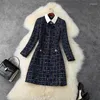 Sıradan Elbiseler Sonbahar Kış Ekose Tüvit Elbise Kadın Tasarımcı Donanma Bow Tie Uzun Kollu Elmas Düğmeleri Vintage Woolen Mini B255B