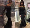 Vestidos de noche Vestido de fiesta de graduación de encaje negro Formal Tallas grandes Sirena Cremallera con cordones Nueva manga larga personalizada con hombros descubiertos