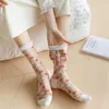 Women Socks Japanese Korean Floral Print Summer Ultra-thin Transparent Crystal Silk Harajuku Retro Girls Kawaii Cute