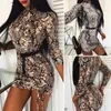 Vestidos casuales Mujeres Sexy Snake Skin Print Vestido ajustado Clubwear Turtleneck Lace-Up Slim Manga larga Fiesta Mini Lápiz