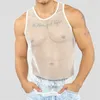 Мужские футболки, мужские сетчатые рубашки без рукавов, сексуальная майка, ажурная сетка, прозрачный топ, клубная одежда, мужской хипстерский жилет для ночного клуба Undershir269H
