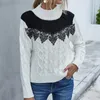 Women's Sweaters Explosions Casual Loose Half Turtle Neck Contrast Lace Stitching Ladies Long Sleeve Sweater Black White Christmas Women